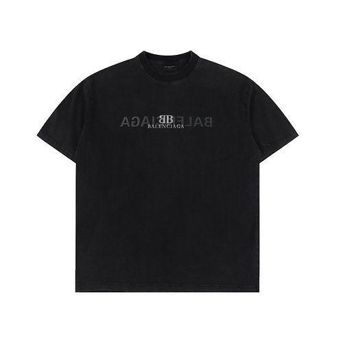 발렌시아가 리버스 레터 더블 B 프린트 워시드 리핑 반팔 티셔츠-89786306